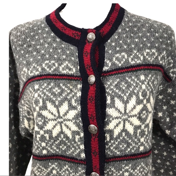 LL Bean Made In USA Vintage Wool Snowflake Button Cardigan Sweater Womens Medium - Picture 4 of 10